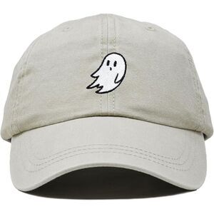 Unisex Washed Stone White Cotton Ghost Embroidered Adjustable Buckle Cap